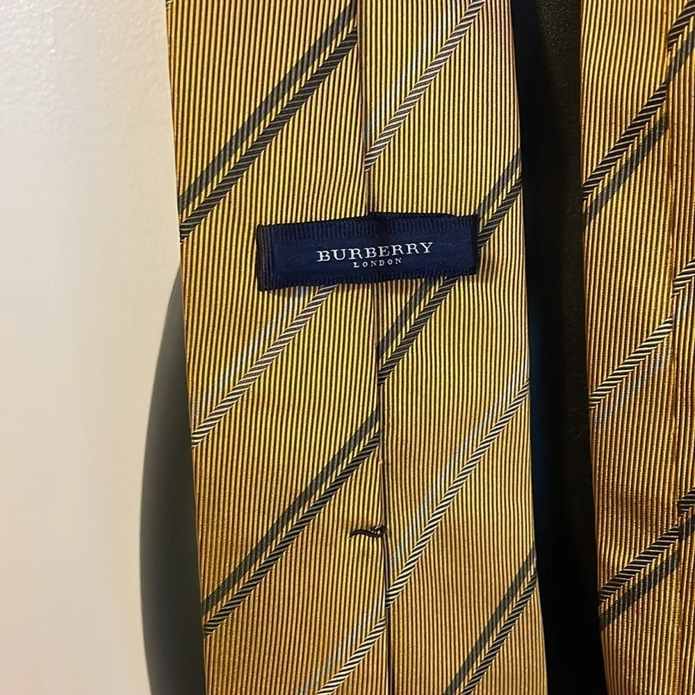 Burberry London Gold Yellow Striped and Logo Silk Necktie Tie